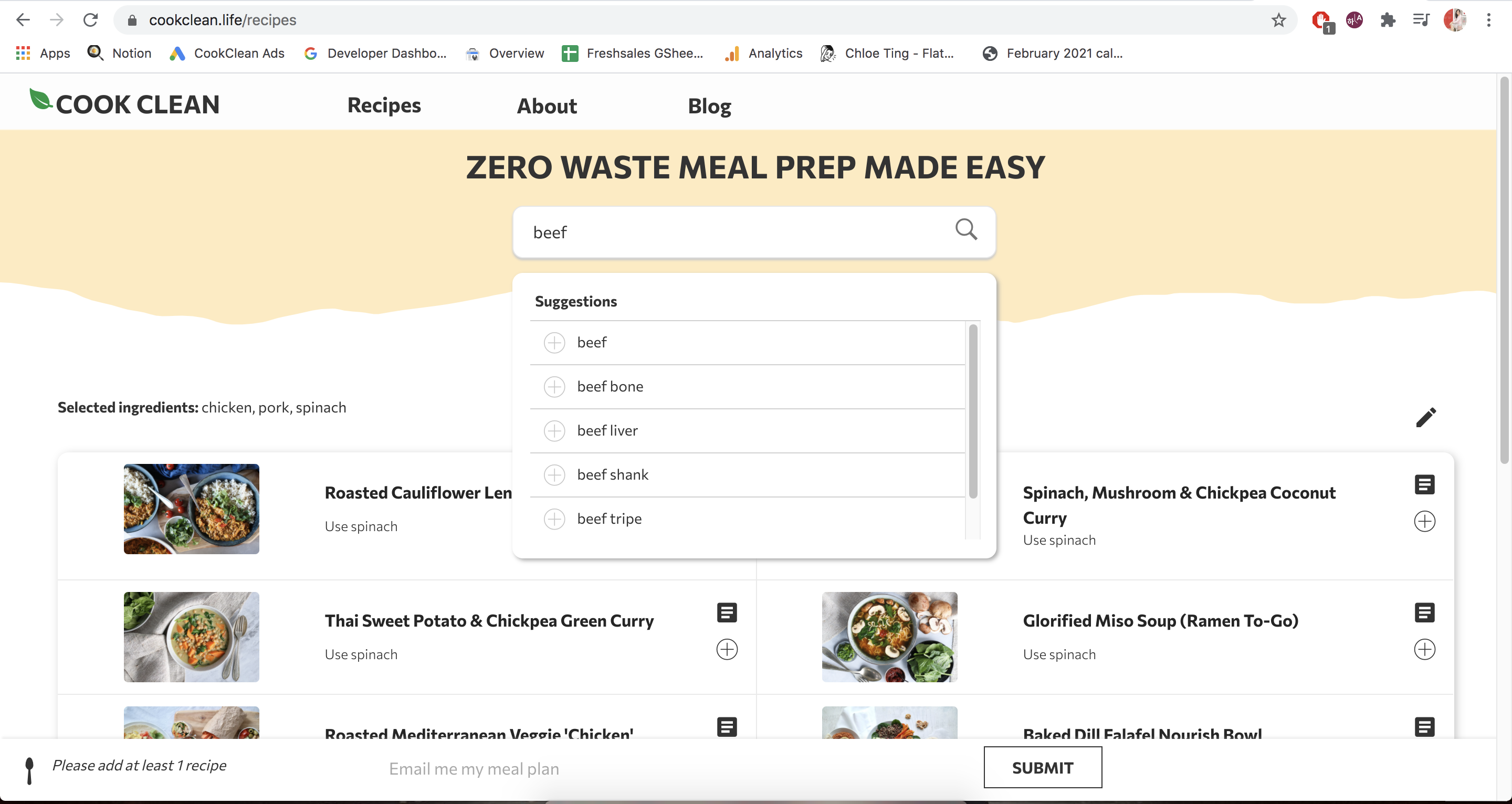 Recipes page: Find recipes by adding / removing ingredients
